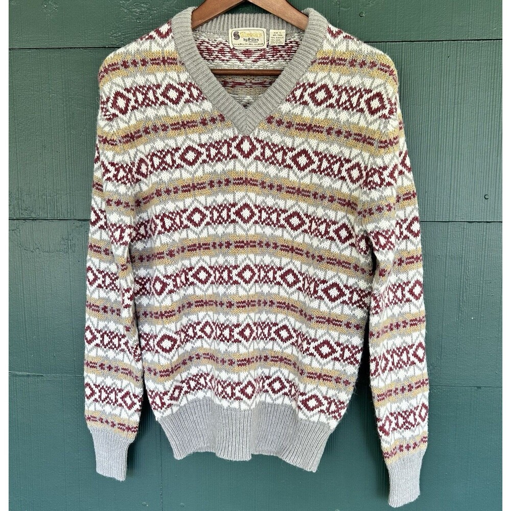 Vintage 70s-80s Silton California Fair Isle Sweater V-Neck Men’s Small Geometric